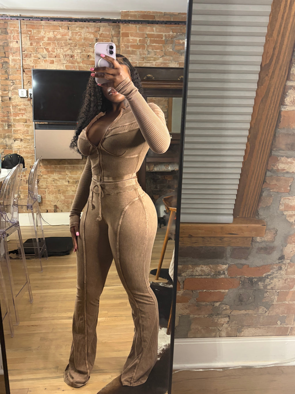 Acid washed cropped flare pants set